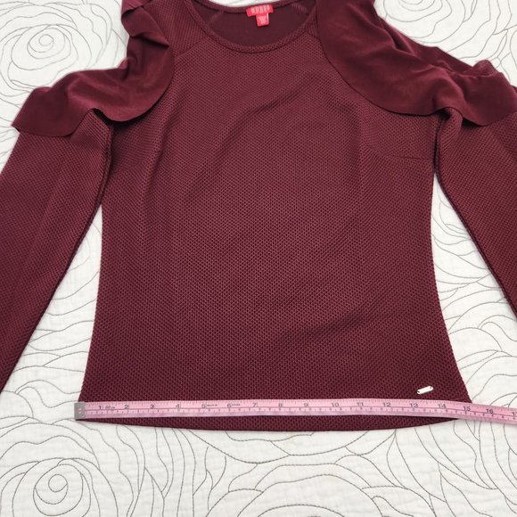 GUESS [XS] Burgundy Cold Shoulder Ruffle Long Sleeve Guess Top - Picture 9 of 11